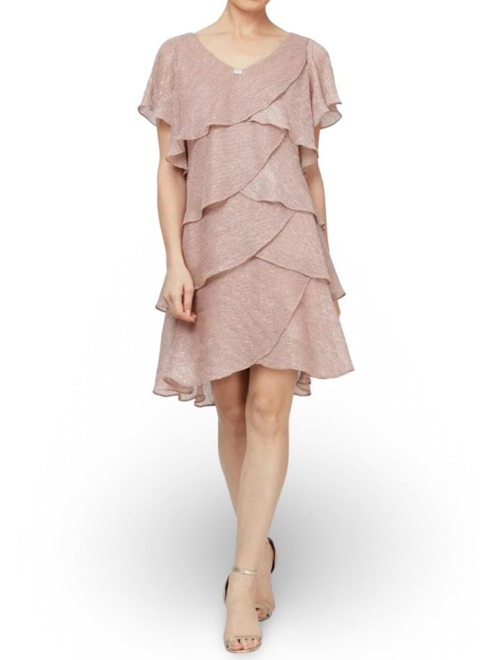 SLNY Tiered Metallic Shift Dress Womens 14 Faded Rose Flutter Sleeve Formal